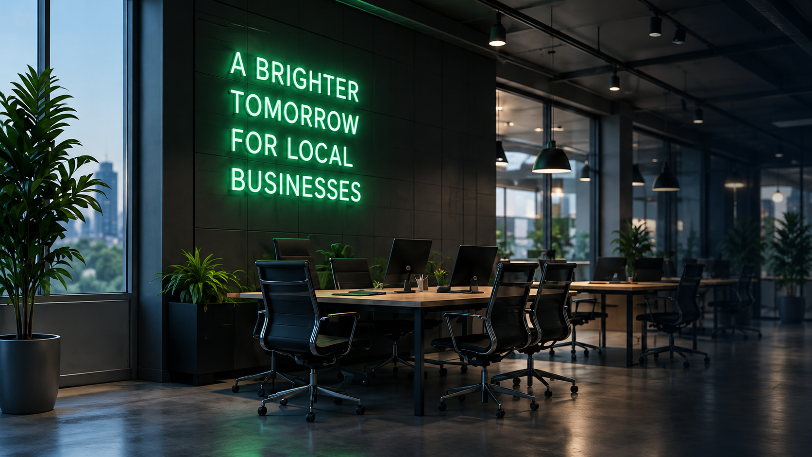 Green neon sign in the AdVantageQ office reading: A brighter tomorrow for local businesses
